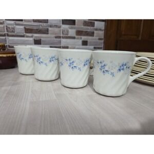 Corelle Corning Ware Blue Fleur Swirl Coffee Tea Cups Mugs Set of 4  Vintage 70s